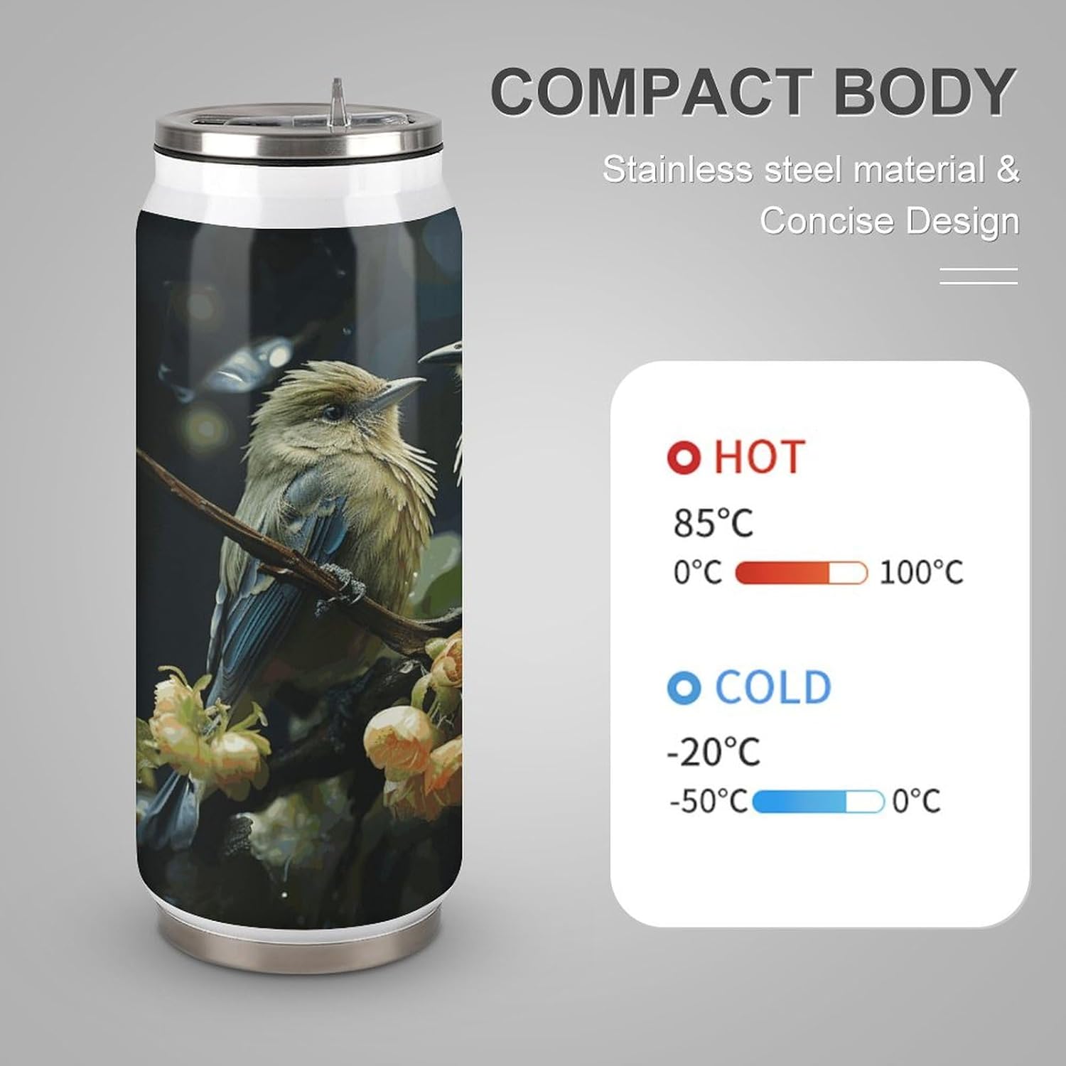 Stainless Steel Cups Green Leaves And Birds Printed Coke Cup Stainless Steel Insulated Cups with Lid And Straw