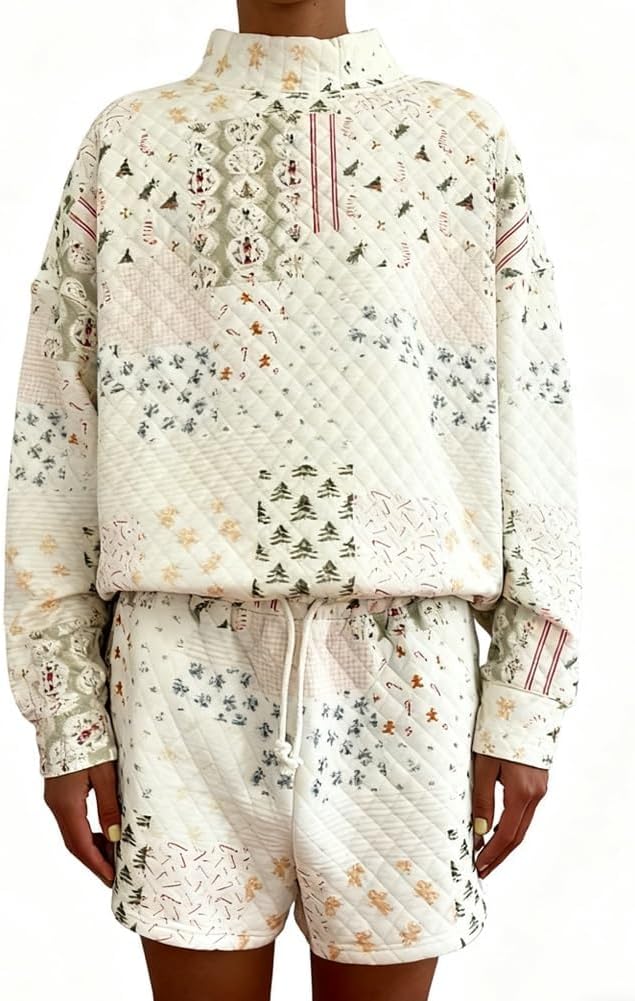 Women's Christmas Quilted Turtleneck Sweatshirt Set, Comfortable Crew Neck Sweatshirt and Shorts Set, Casual Loungewear