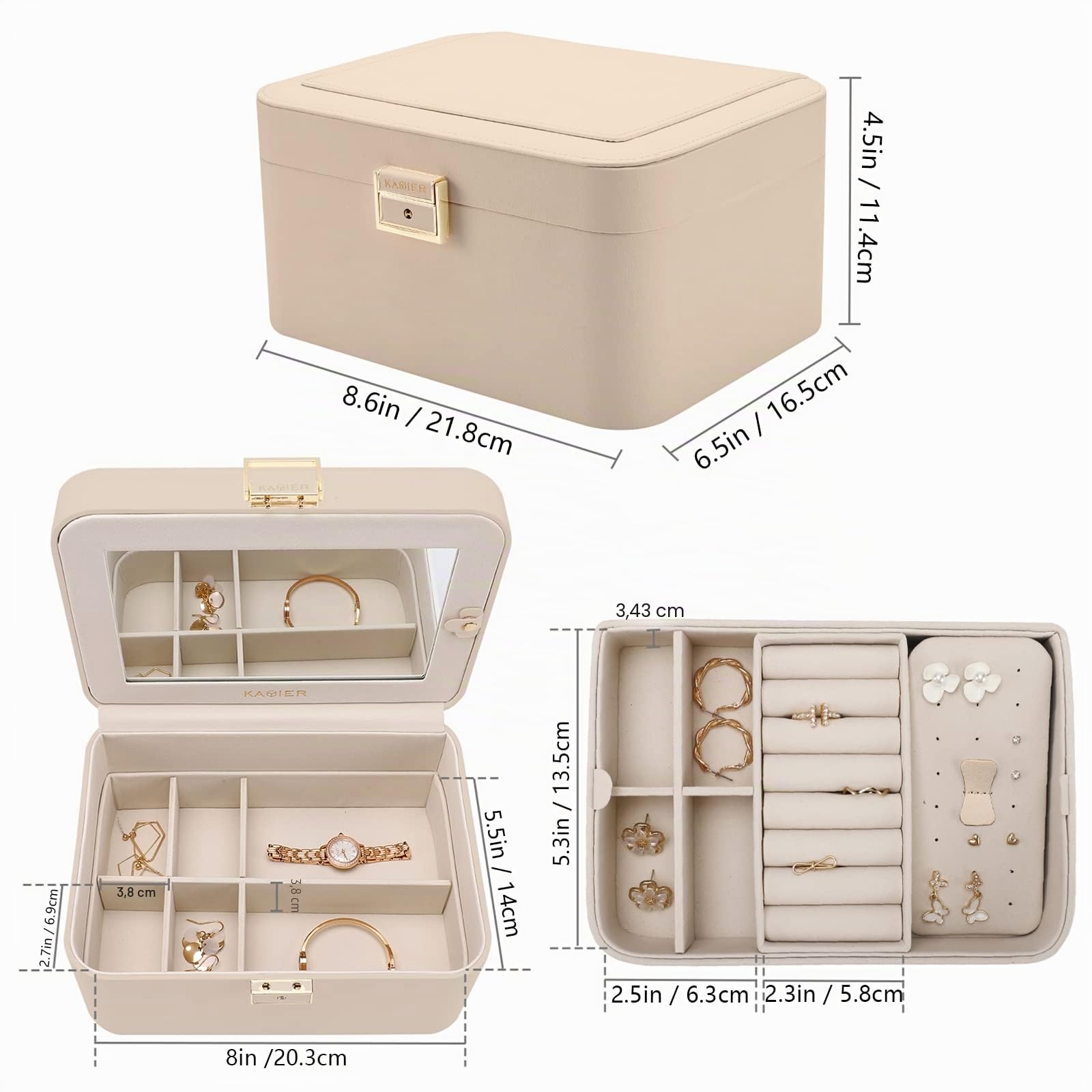 Joyero mejorado, organizador de joyas de piel sintética de 2 capas para mujer con cerradura y espejo, gancho oculto para collar y divisor extraíble, joyero de viaje de gran capacidad, ideal para