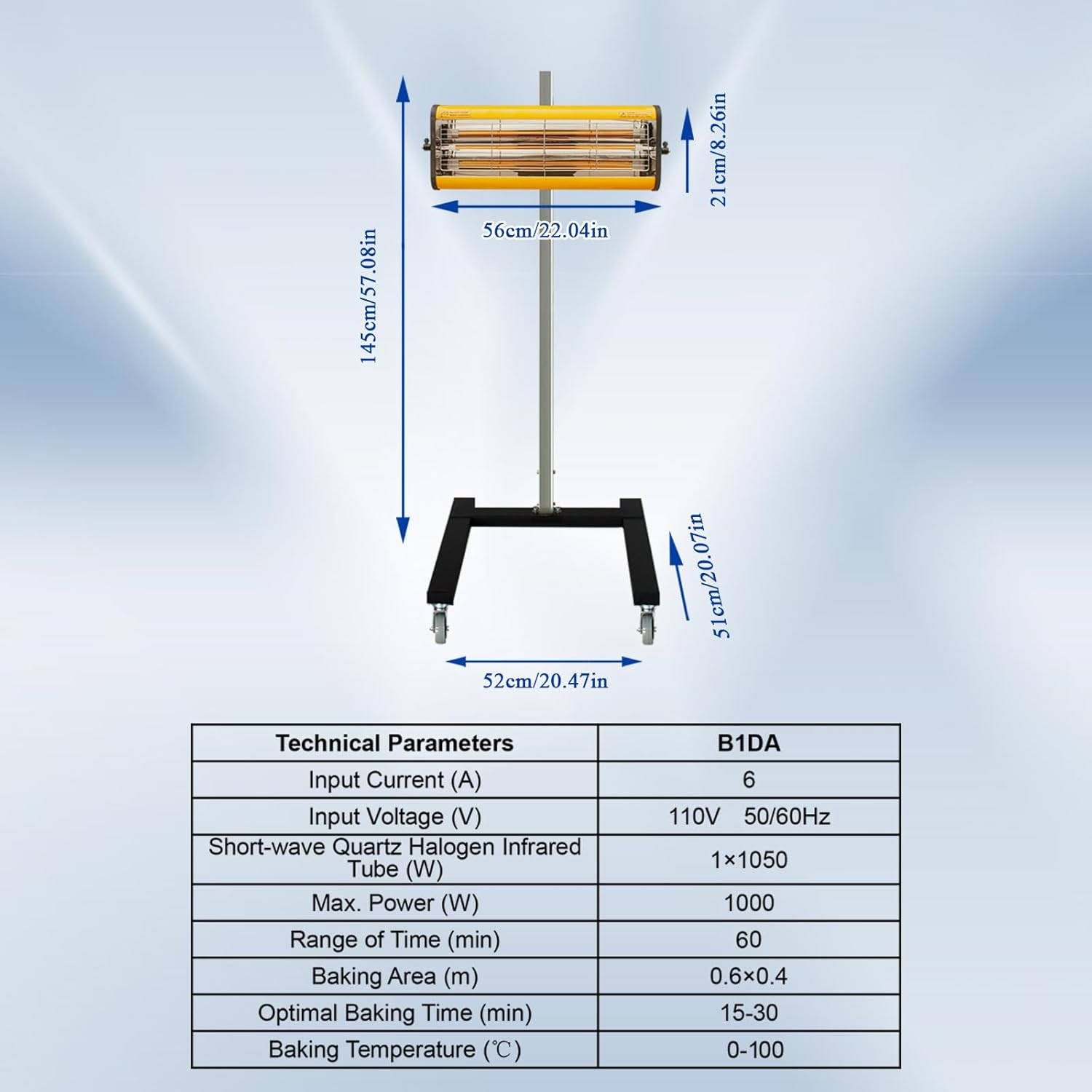 Solary Paint Curing Baking Lamp, 1050W 110V Short Wave Infrared Paint Drying Lamp for Car Body Repair, Equipped with Smart Timer and Height Adjustable