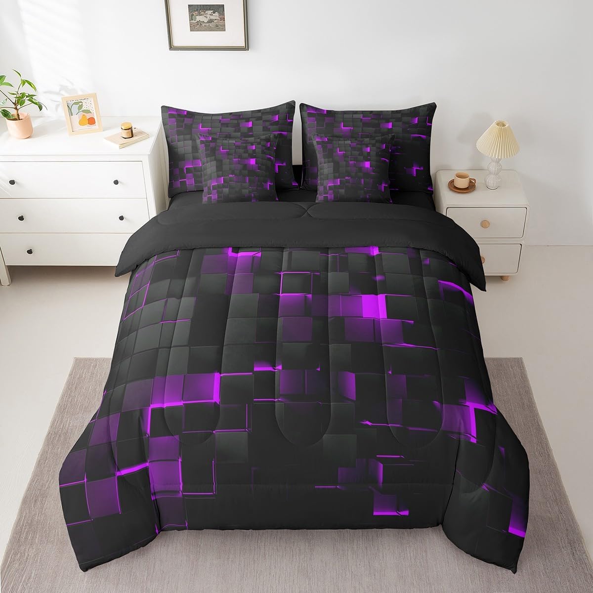 Erosebridal Kids Geometric 7 Piece Bed in A Bag Full Teen Boy Neon Ombre Checkered Comforter Set Purple Blue Grids Bedding Set for Adults Men Geometrical Check Plaid Sheet Set with Comforter