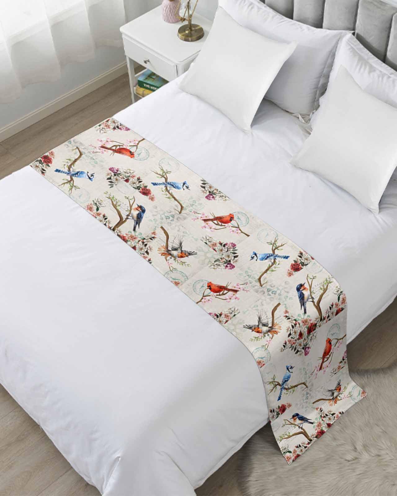 DecorLovee Spring Birds Floral Bed Runners for Cal King Size Bed, Decorative Bed Throws for Foot of Bed, Farmhouse Botanical Burlap Bed Runner Sofa Throw Bedding Scarf Protector Slipcover for Bedroom