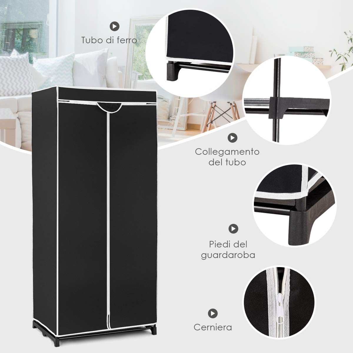DREAMADE Armadio Semplice in Tessuto Armadio Cabina Pieghevole con Ripiano, 75 x 50 x 170 cm (Nero)