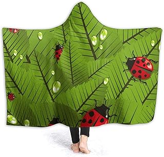 Lady Beetle On The Leaf Coperta con cappuccio da donna Super Soft Flanella Coperta Felpa con cappuccio Indossabile mantello con cappuccio mantello per divano divano Home Office,153 * 127 cm