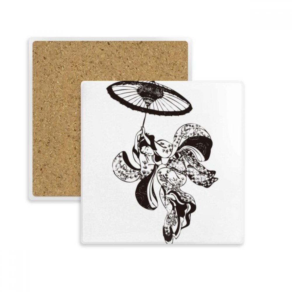 Coaster pierre absorbant Japon femme parapluie, dessous de verre carré multicolor pour tasse