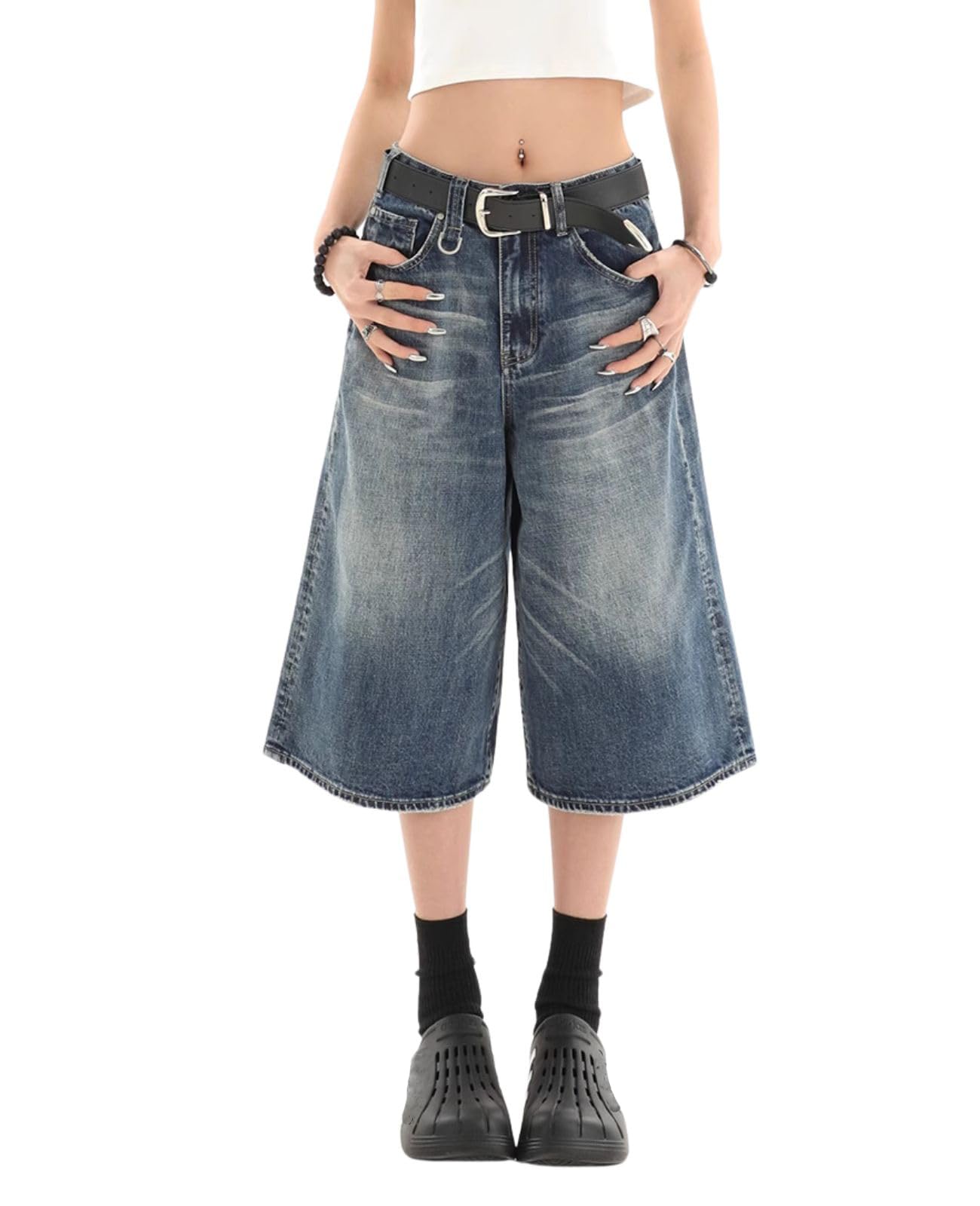Lafaguw Baggy Jorts Women Y2K Capri Long Jean Shorts Wide Leg Denim Shorts Oversized Summer Streetwear, Blue1, S Short