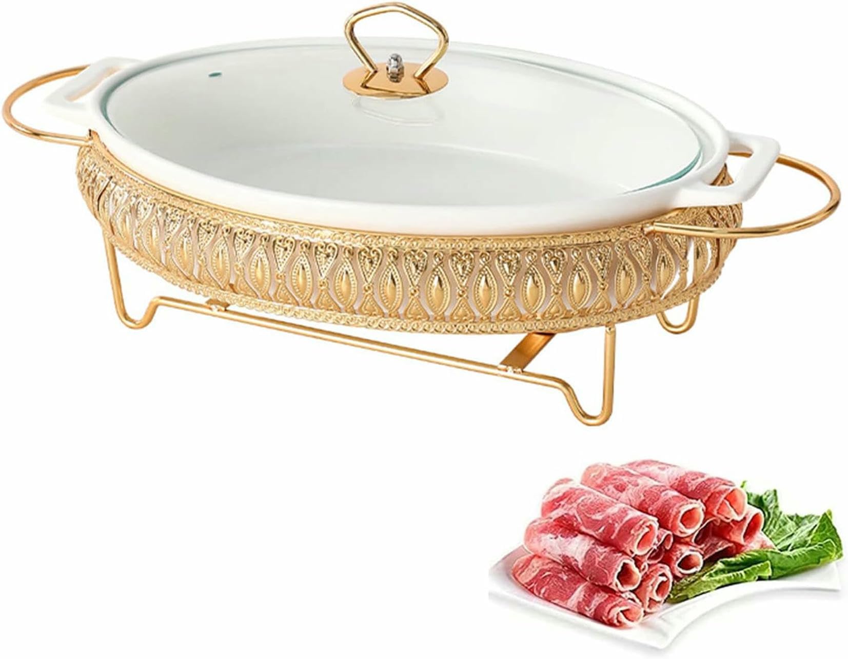 Piatto di Ceramica A Buffet, Cappellini di Smalto Ovale E Caldo A Buffet con Coperchio in Vetro, Vassoio Riscaldante per Il Ristorante, A Casa, Inverno ~/