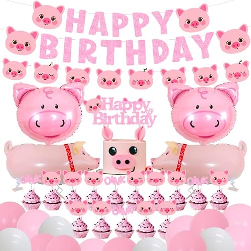 Pig Birthday Party Decorations Supplies Pink Pig Happy Birthday Banner Garland Cake Toppers Walking Pig Balloons for Girls Birthday Baby Shower