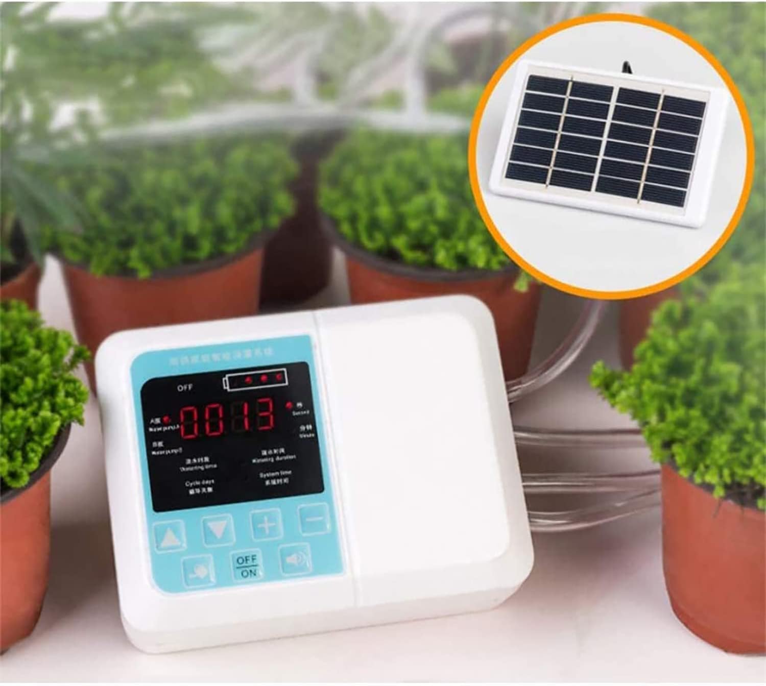 Double Pump Automatic Watering Device Solar Automatic Drip Irrigation Kit Self Watering System with Electronic Water Timer Can Support 20 Potted Plants.