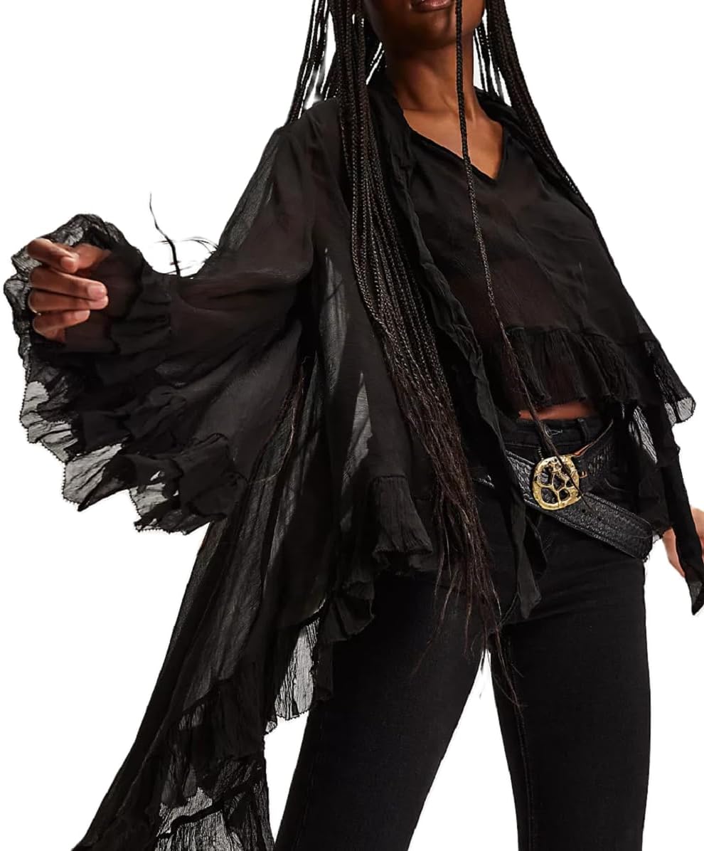 NUFIWI Women's Sheer Ruffle Trim Blouse with Self Tie Neck