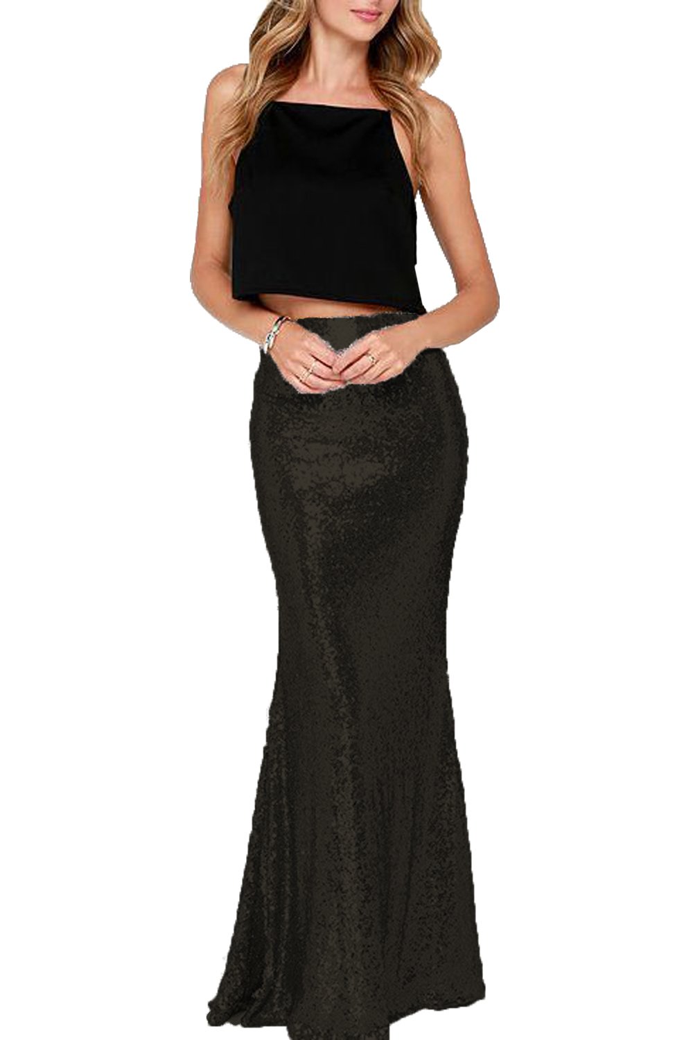 honey qiaoWomen’s Maxi Wedding Party Skirts Gold Sequin Holiday Formal Skirt