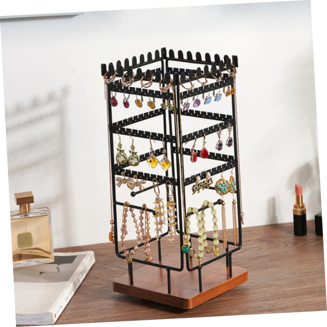 Rotatable Solid Wood Jewelry Organizer Stand with Sturdy Iron Frame Vintage Four Sided Earring Holder and Necklace Rack for Jewelry Display and Storage Decor Gift