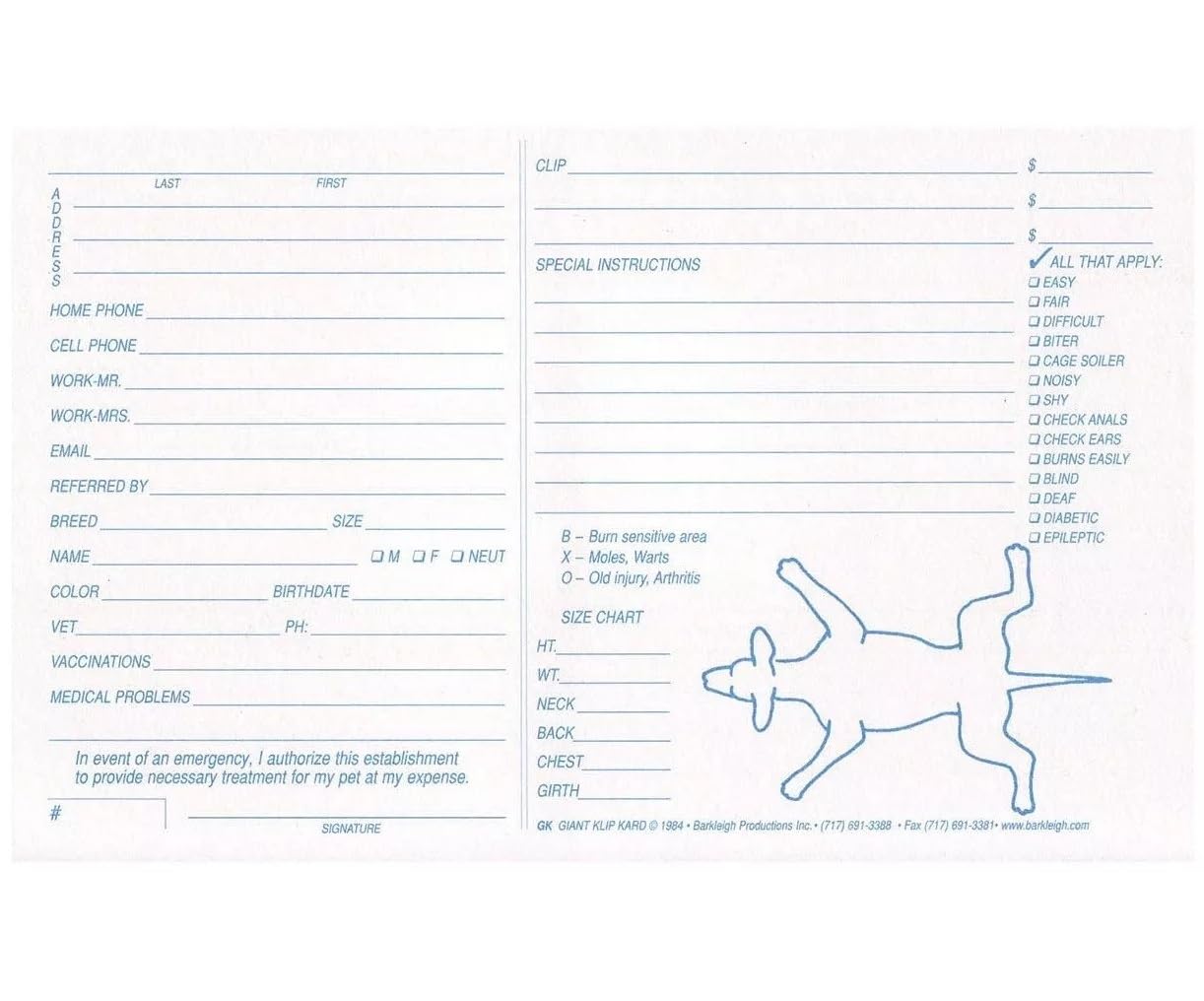 PUREPET White Klip Kards 5 x 8 Dog Grooming Giant Kennel Card Diagram Info Checklist (100 Pack)