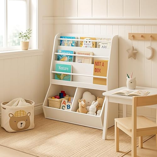 Vista 9 de UTEX Estantería para niños y almacenamiento de juguetes, organizador de almacenamiento de juguetes y estante para libros, soporte de exhibición