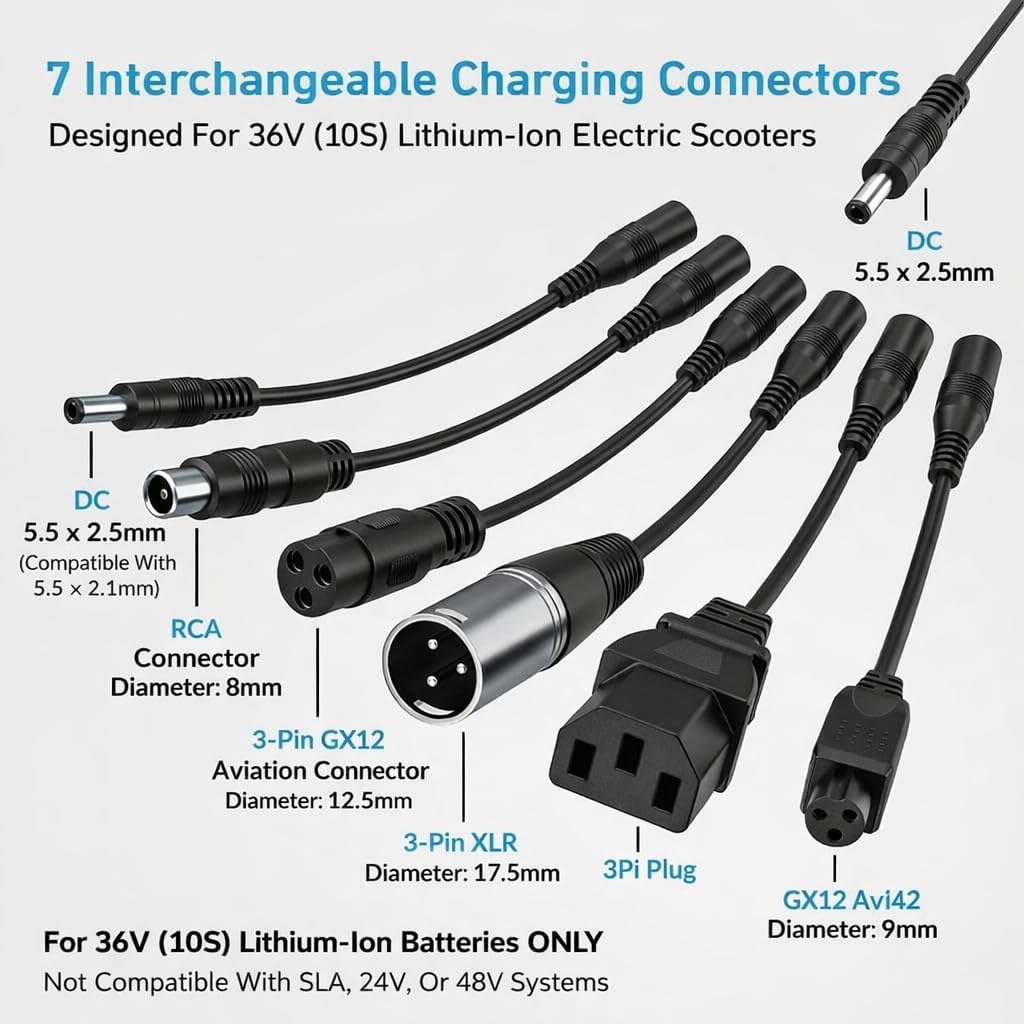 42V 2A Electric Scooter Charger for 36V Lithium Ion Battery – SGS Certified UL 1310 – Universal 7-Plug Charger Compatible with GoTrax, Jetson, Xiaomi, Ninebot & Voyage E-Bike