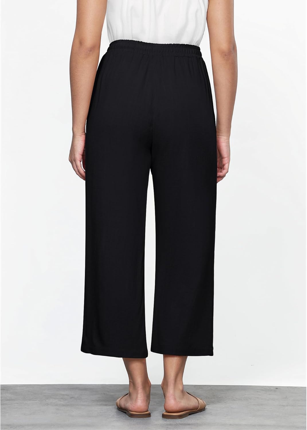 GRAPENT Linen Pants for Women High Waisted Wide Leg Capri Elastic Waist Casual Beach Flowy Cropped Summer Capris Pants - Image 3