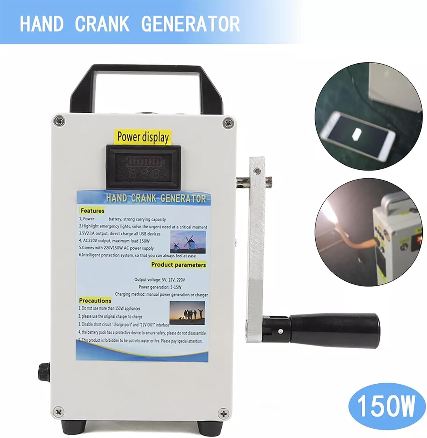 Portable 150W Hand Crank Generator With USB 5V, DC 12V, 110V, And 220V Outputs For Emergency Power Supply, Lighting, And Mobile Phone Charging(Output 110V 12V 5.2V)