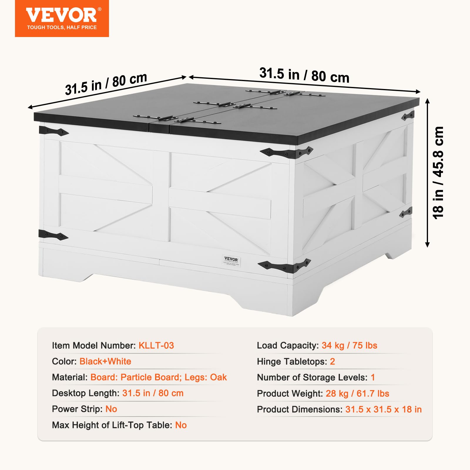 VEVOR Tavolino da Caffè da Fattoria 800 mm Tavolino Quadrato Incernierato con Ampio Vano Portaoggetti, Tavolo da Cocktail Rustico in Legno per Soggiorno, Camera da Letto, Appartamento, Grigio e Bianco