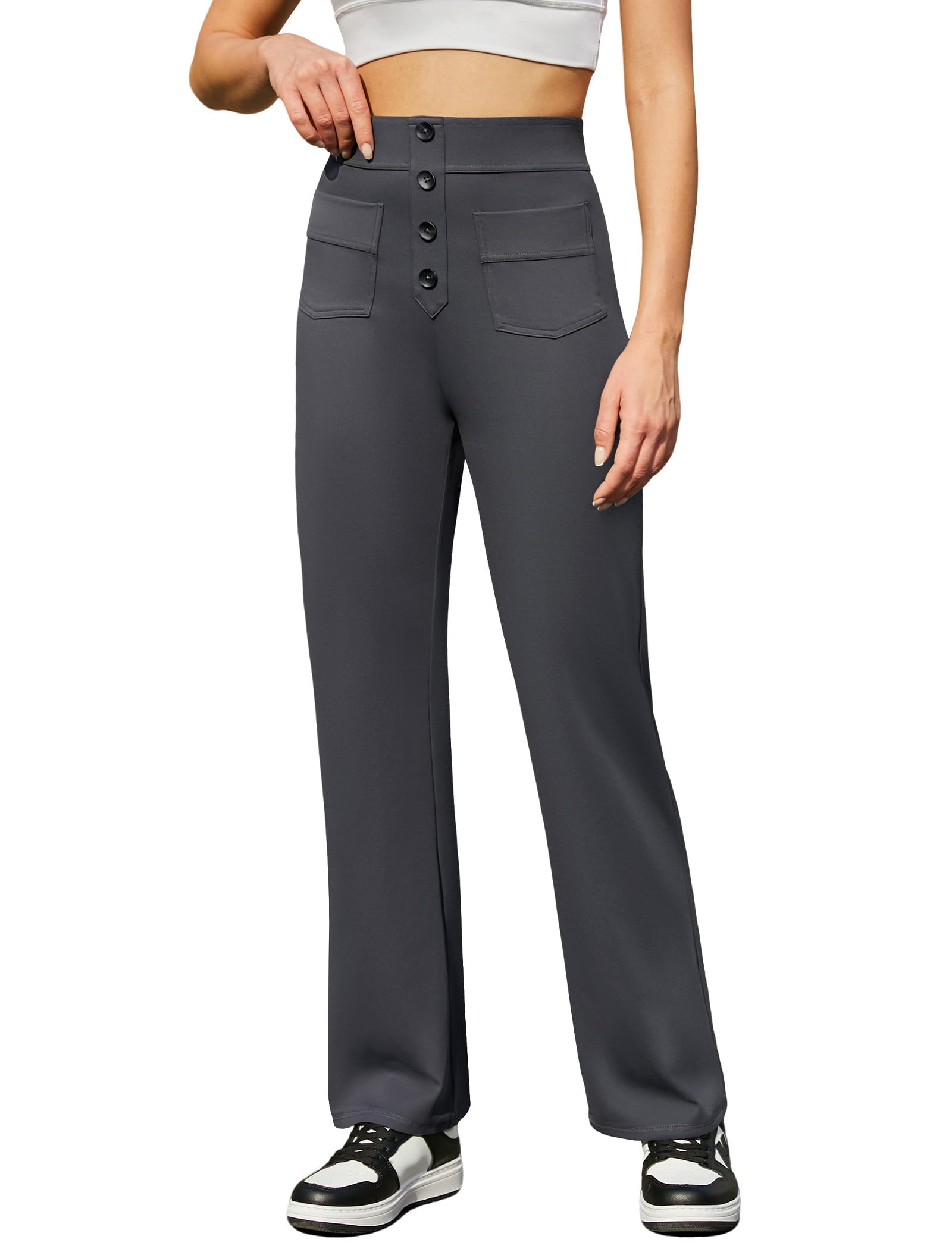 Friptspyg Hosen Damen Hohe Taille Freizeithose Stretch Hose mit Knopf Gerade Yogahose mit Taschen Elastische Hose Damen Weites Bein für Bewegung und Freizeit