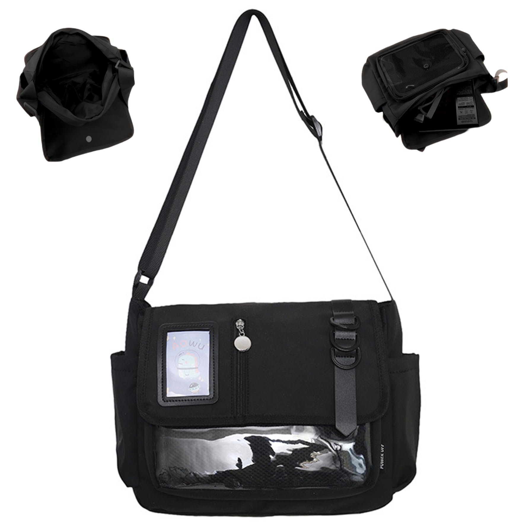 Ita-Tasche, japanische Schultasche, Kawaii-Umhängetasche, Nylon, schwarz, Ita mit Pin-Display-Tasche, Verstellbarer Riemen, großes Fassungsvermögen, Geldbörse für Gilrs-Frauen
