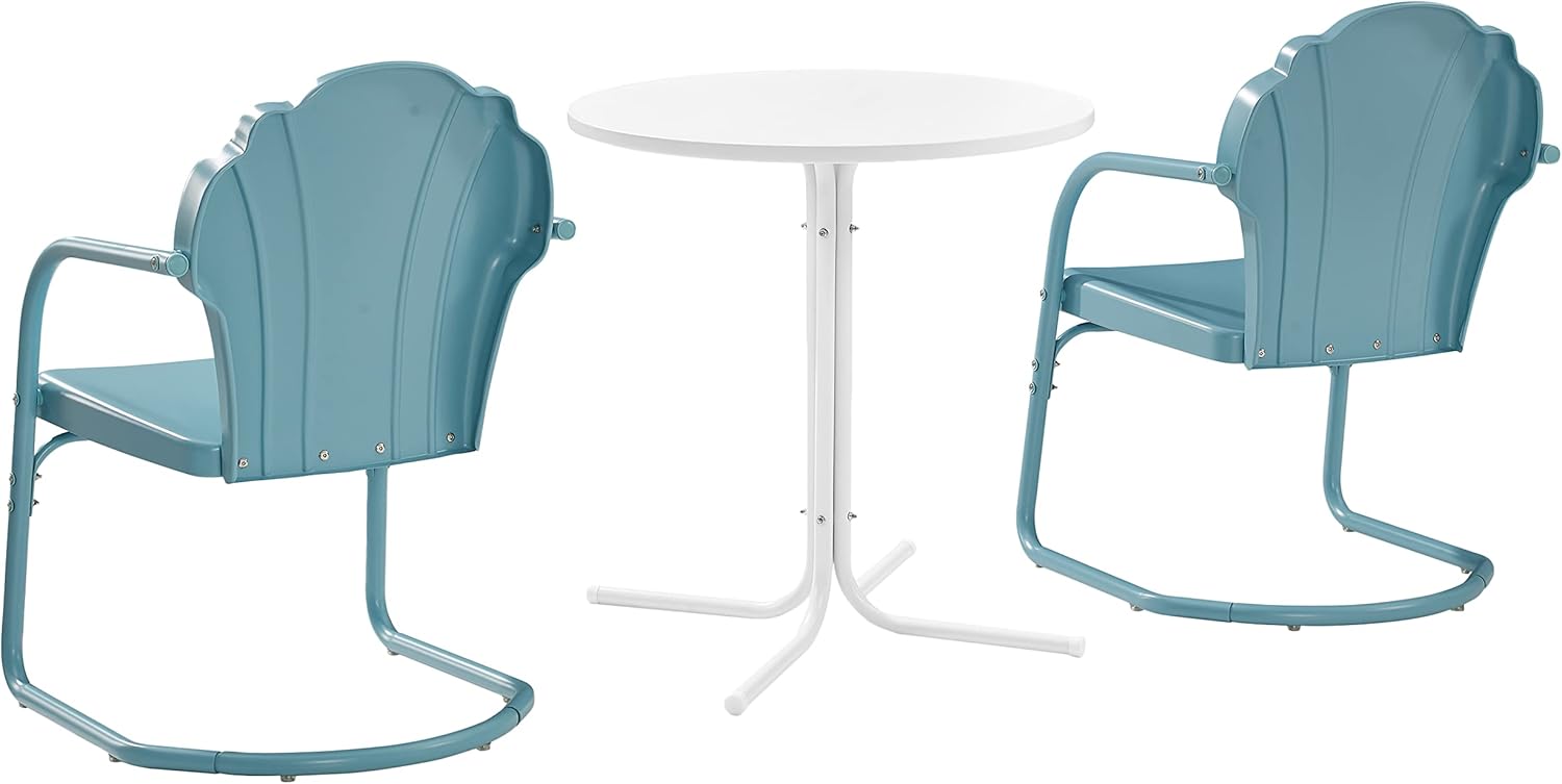 Crosley Furniture Tulip 3-Piece Outdoor Bistro Set, Retro Metal Patio Table and Chairs for Dining, Porch, Pastel Blue Satin