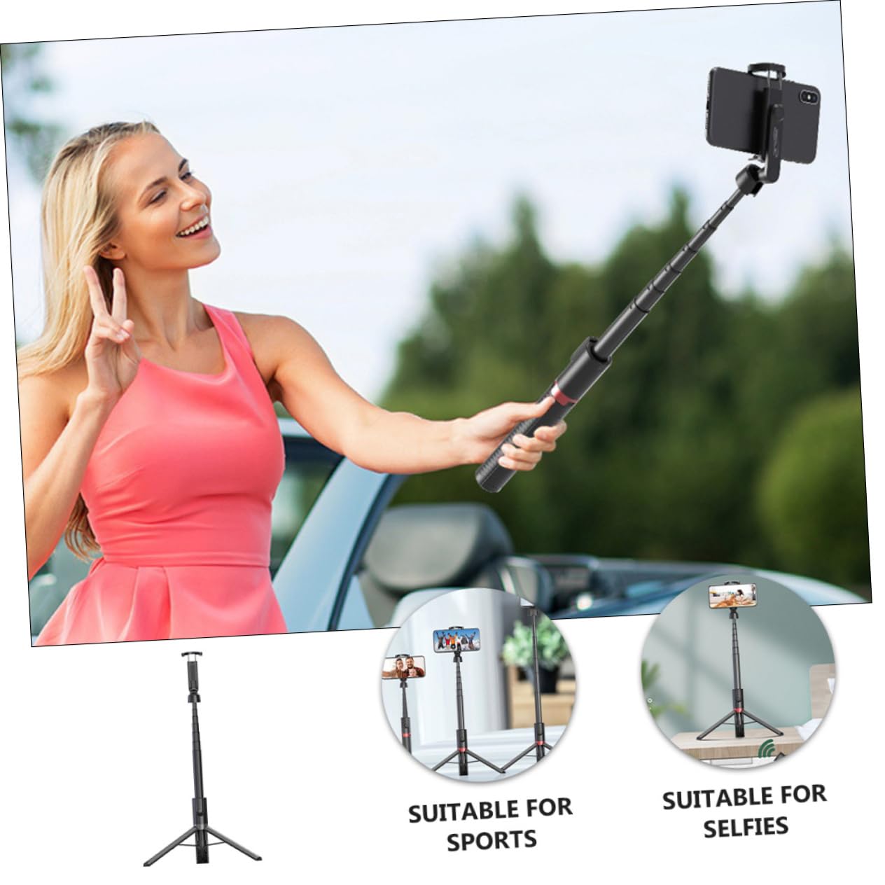 Treppiede Selfie Stick 2 in 1 in Lega di Alluminio Nero