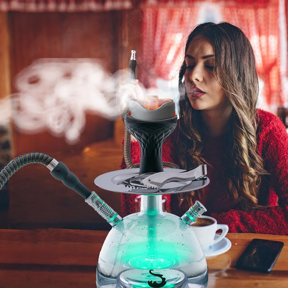 Hookah Set,Portable Modern Acrylic Hookah Set with Silicone Hookha Bowl Silk Hose Coal tongs Aluminum Stem,Hookah with Remote LED Light and Storage Bag