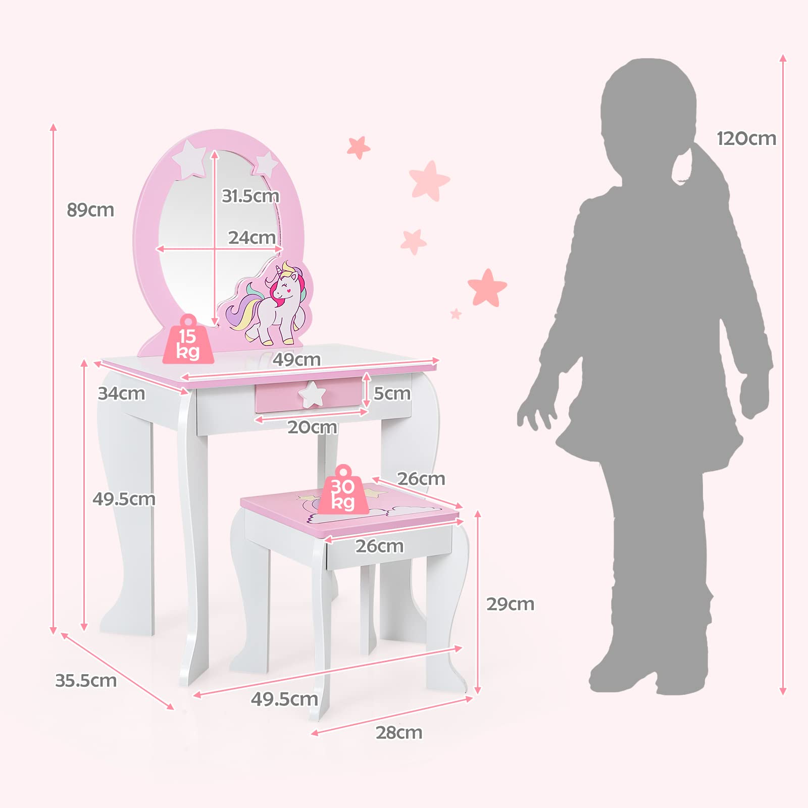 GOPLUS Schminktisch Kinder, Frisiertisch mit Hocker & abnehmbarem Spiegel & Schublade, Kosmetiktisch mit Haarband & Haarspange, Schminktisch Einhorn aus Holz für Mädchen ab 3 Jahren (Weiß)