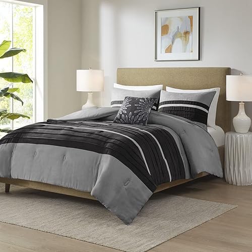 Madison Park Merie - Juego de edredón con diseño de gamuza sintética de lujo, acento a rayas, ropa de cama alternativa para todas las estaciones,