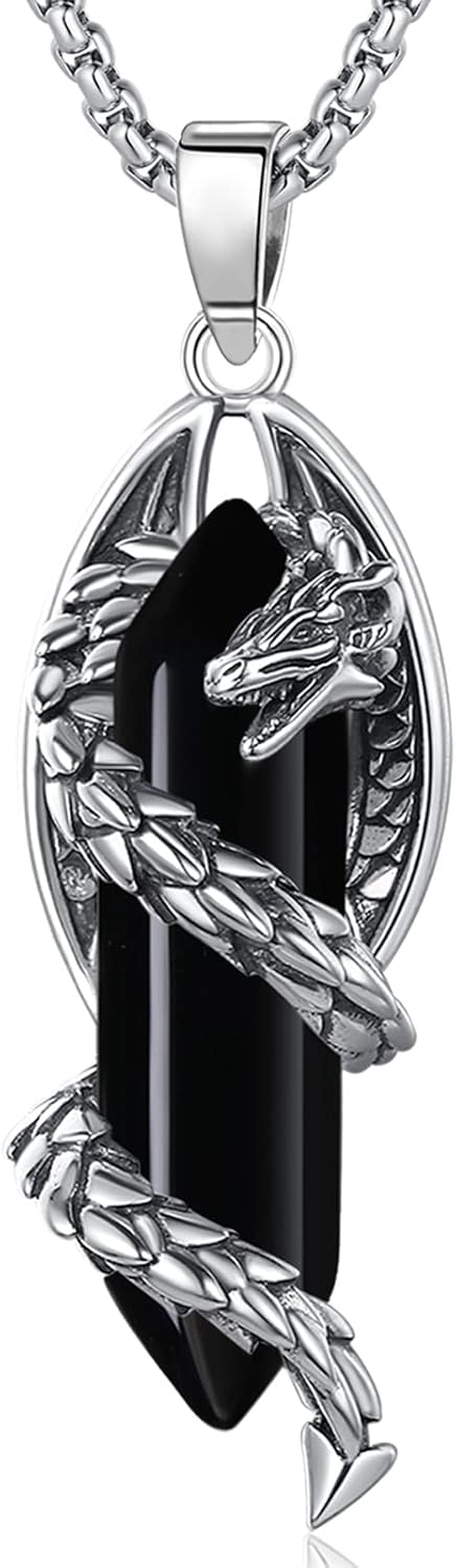 Vito Dragon Necklace for Women Men, Hexagonal Prism Obsidian/Rose Quartz/Lapis Lazuli/Amethyst/Turquoise Healing Crystal Energy Amulet Protection Jewelry Gift, 20"+2"