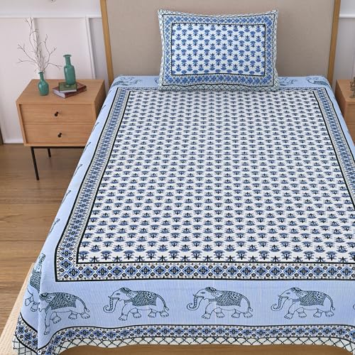 Image of 100% Cotton Single Bedsheet with 1 Pillow Cover | 240 TC Pure Cotton Flat Bed Sheet | Traditional Jaipuri Printed Bedding Set | Soft & Breathable | 60 x 90 Inch (Rangmahal Single 75)