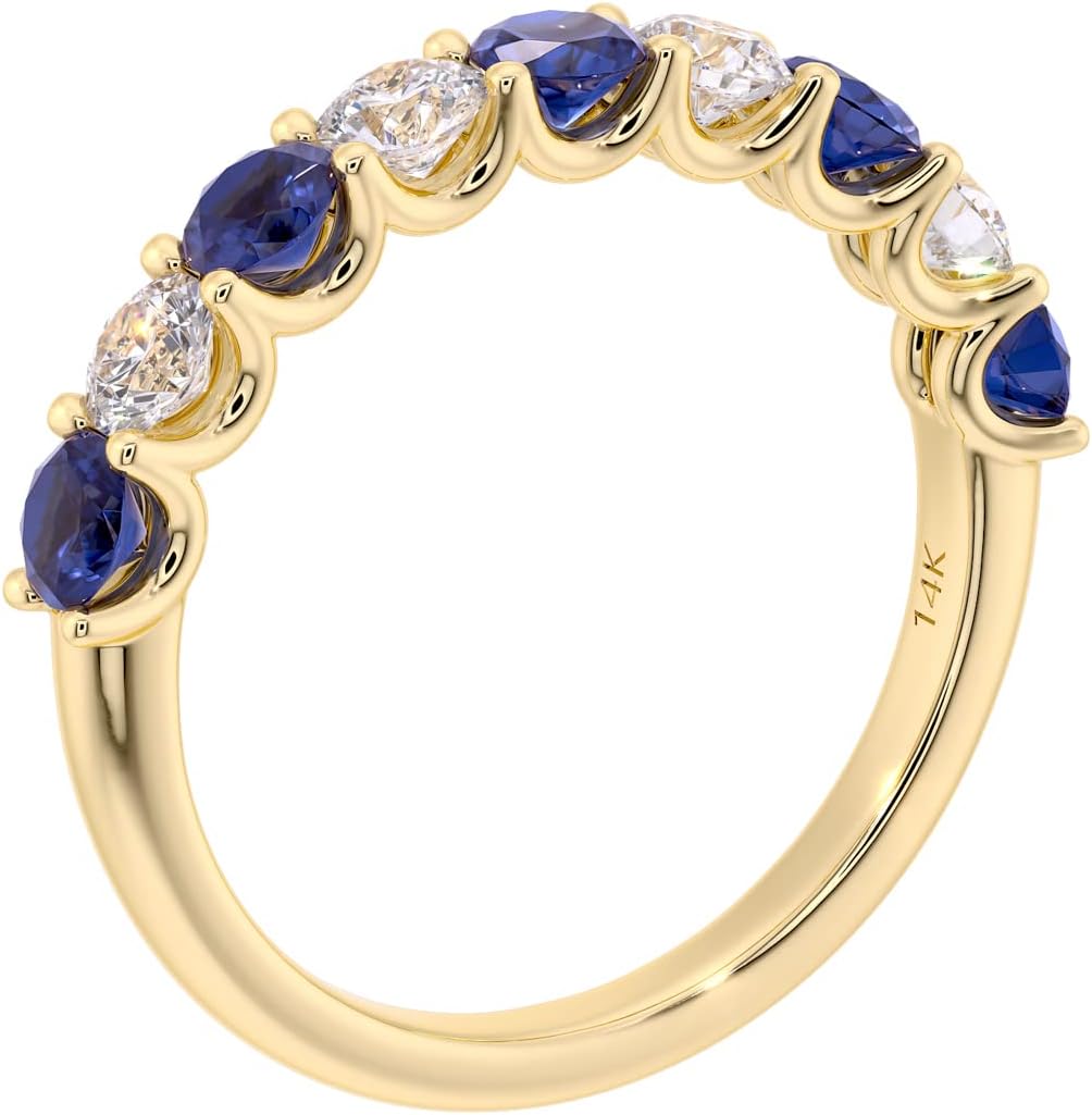 PEORA Solid 14K Gold 1 Carat Lab Grown Diamond and Created Blue Sapphire 9-Stone Half Eternity Band for Women, Wedding Anniversary Stackable Ring, Sizes 4 to 10
