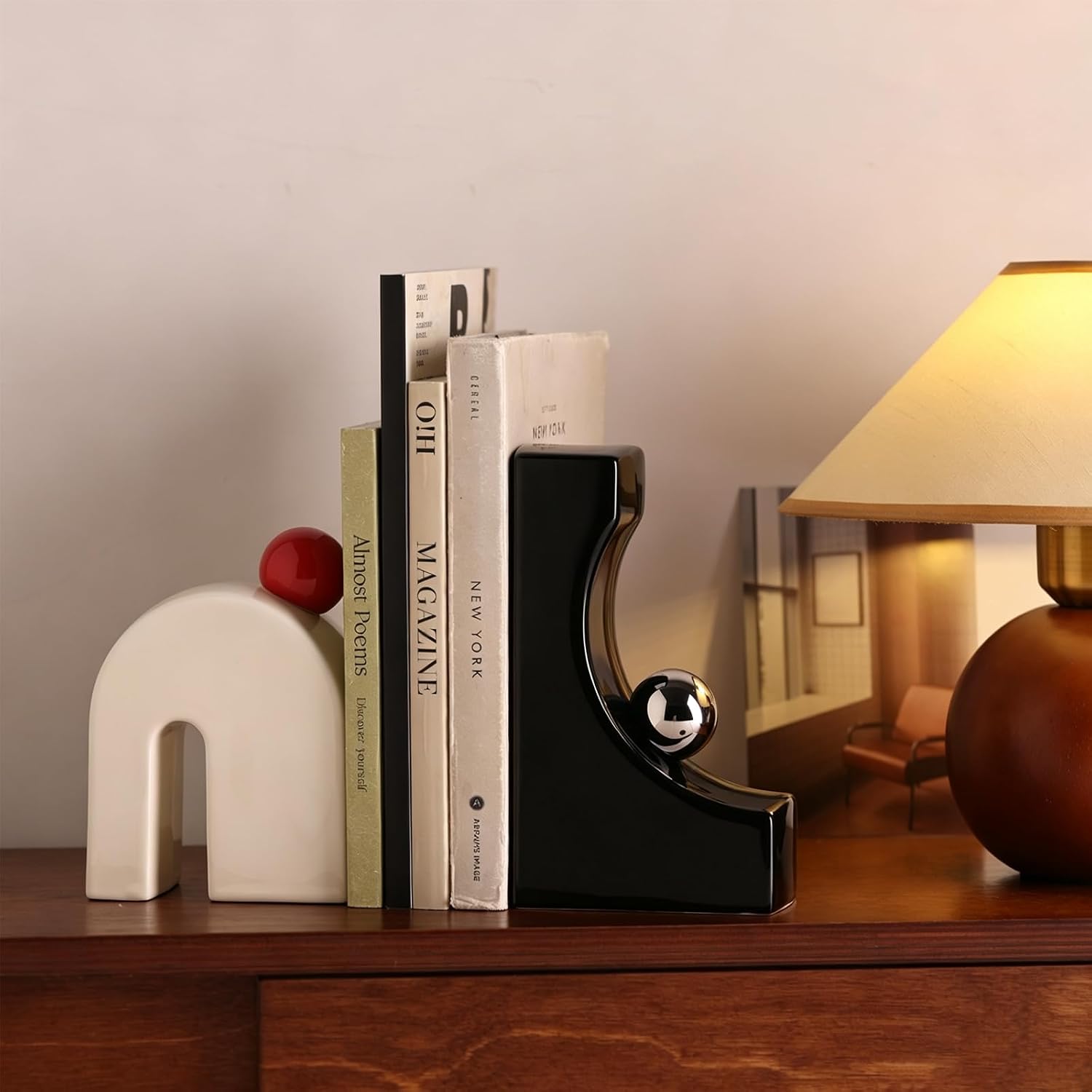 Glossy Ceramic Geometric Bookends, Modern Mid Century Arch & Curved Sculpture Book Stoppers, Double Duty Decoration Book Ends Decorative Book Holders for Shelf Tabletop, Minimalist Boho Home Gift