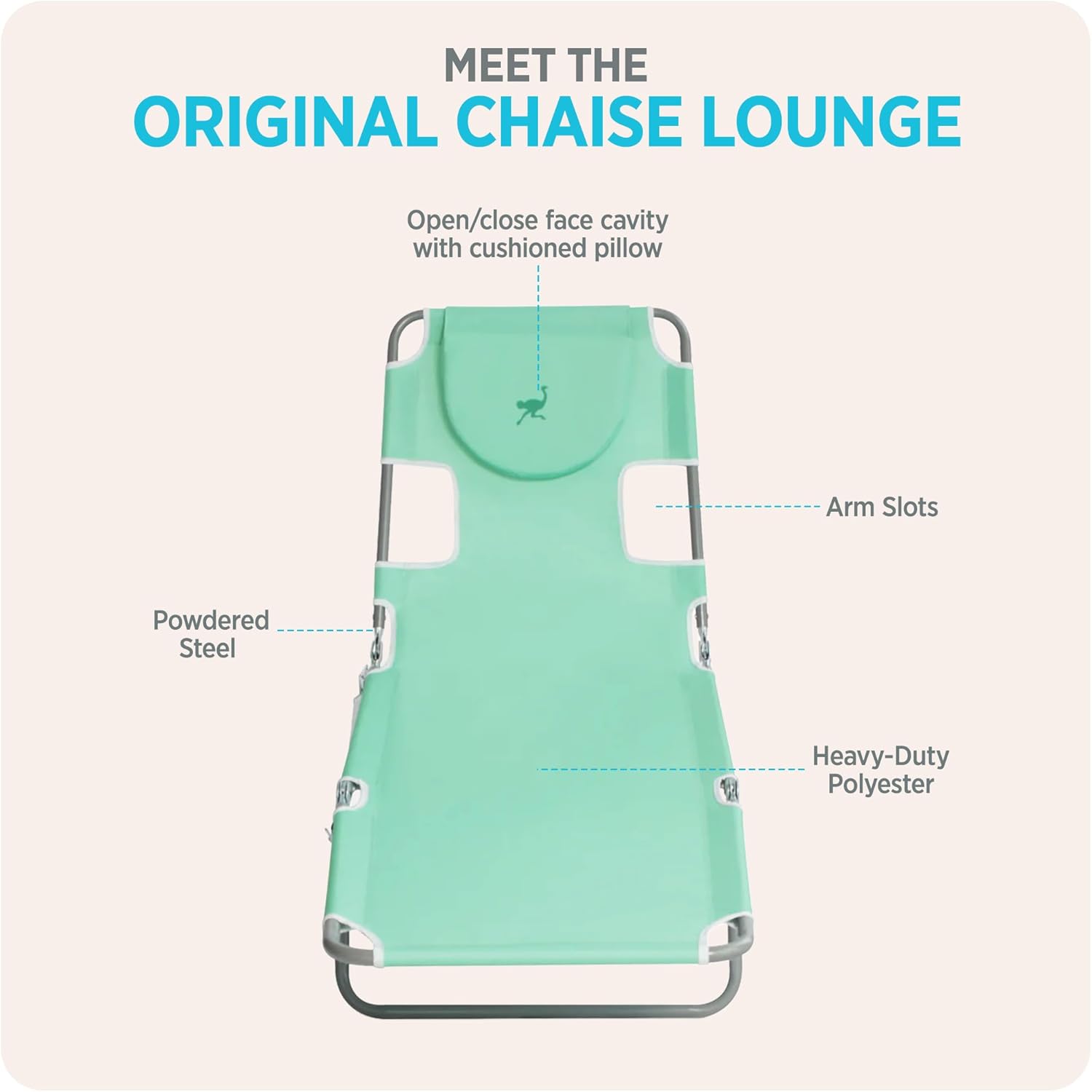 Ostrich the Original Chaise 72 x 22 Inch Lounge Portable Reclining Lounger, Outdoor Patio, Beach, Lawn, Camping, or Pool Tanning Chair, Teal