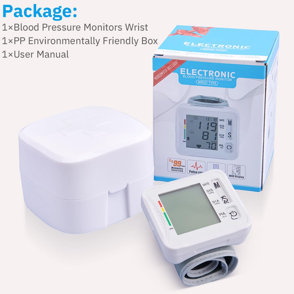 Tensiometro de Muñeca, Tensiometro de Muñeca Digital para 2 Usuarios con 2x99 Memoria, Pantalla LCD con Presión Arterial y Frecuencia Cardíaca, para Muñecas de 13.5cm–19.5cm