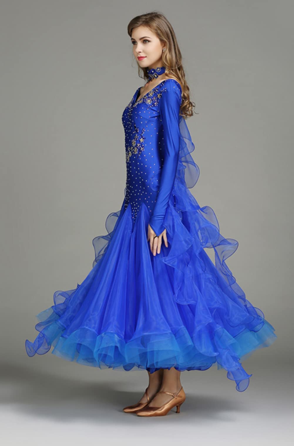 Damskie sukienki tańca towarzyskiego, wykwintne hafty diamentowe Foxtrot Waltz konkursowa sukienka, taniec nowoczesny z długim rękawem Prom Performance Dance Dress