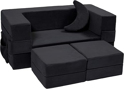 Sofá modular para niños, sillón de espuma para niños, sofá convertible de felpa para niños, sofá plegable (negro)