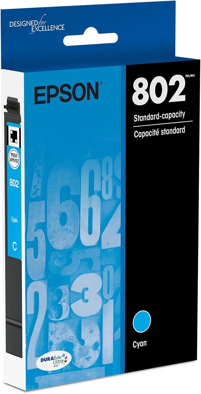 EPSON 802 DURABrite Ultra Ink Standard Capacity Cyan Cartridge (T802220-S) Works with WorkForce Pro WF-4720, 4730, 4734, 4740