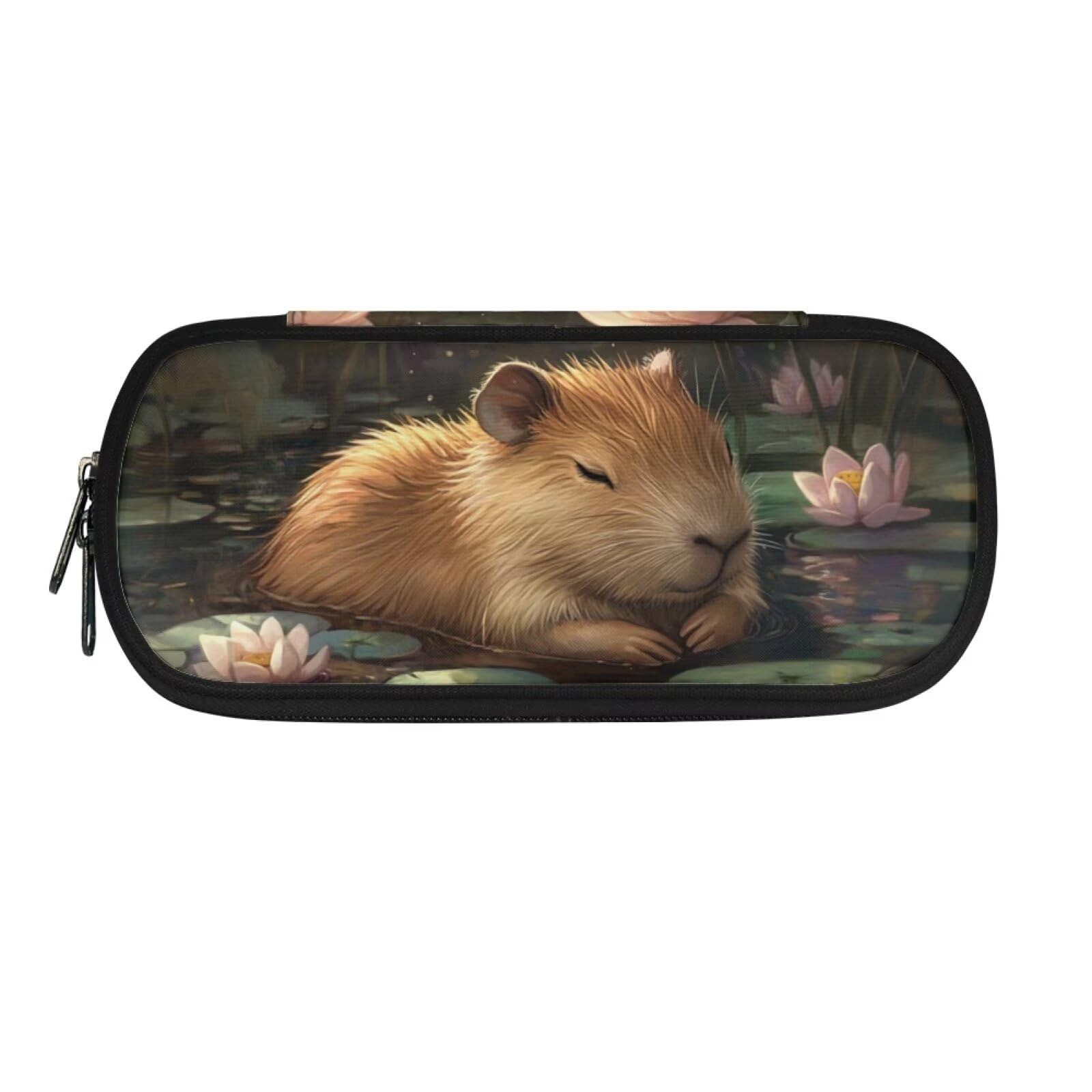 Dolyues Capybara Pencil Case Large Pencil Cases for Boy Girl Pencil Pouch Pen Bag with Compartments School Stationery Supplies for Kid Student Lotus Flower — image 1