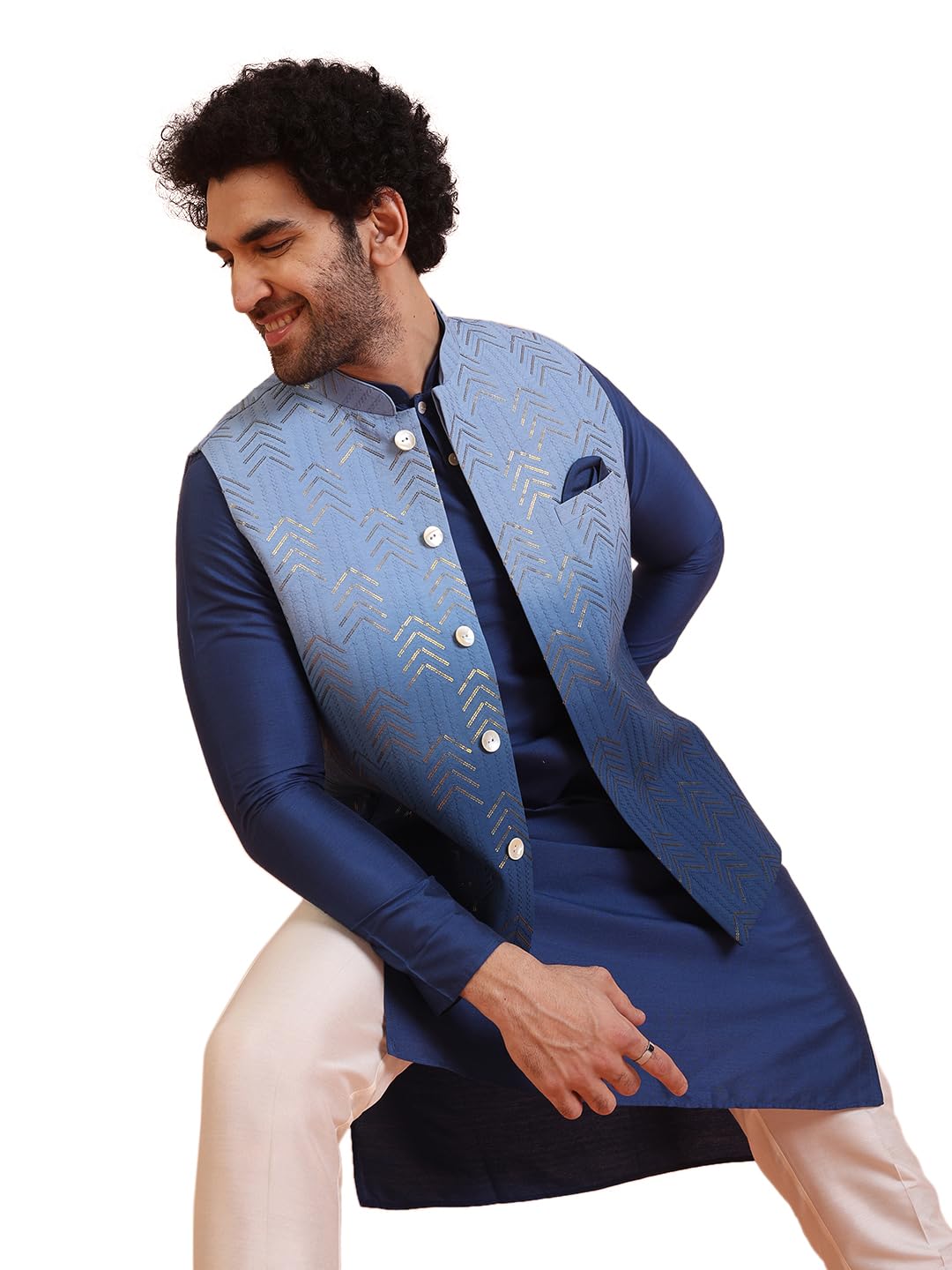 kisah Men Ombre Embellished Sequinned Nehru Jacket, Blue-picture-35
