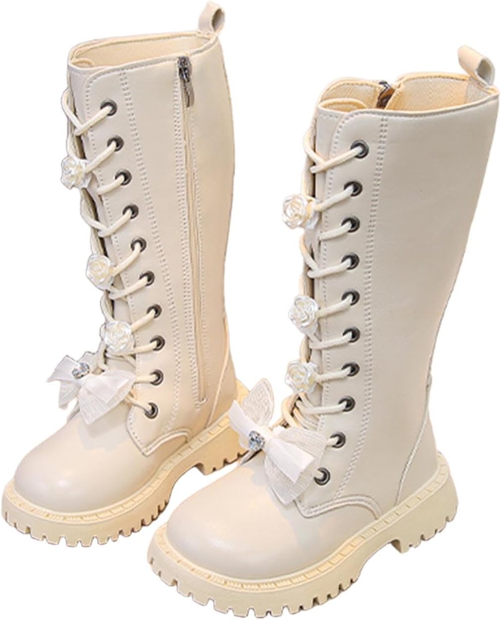 Girls Mid Calf Boots Lace Up Outdoor Hiking Tall Boot Lug Sole Non Slip Booties Bow Cute Bootie with Side Zip