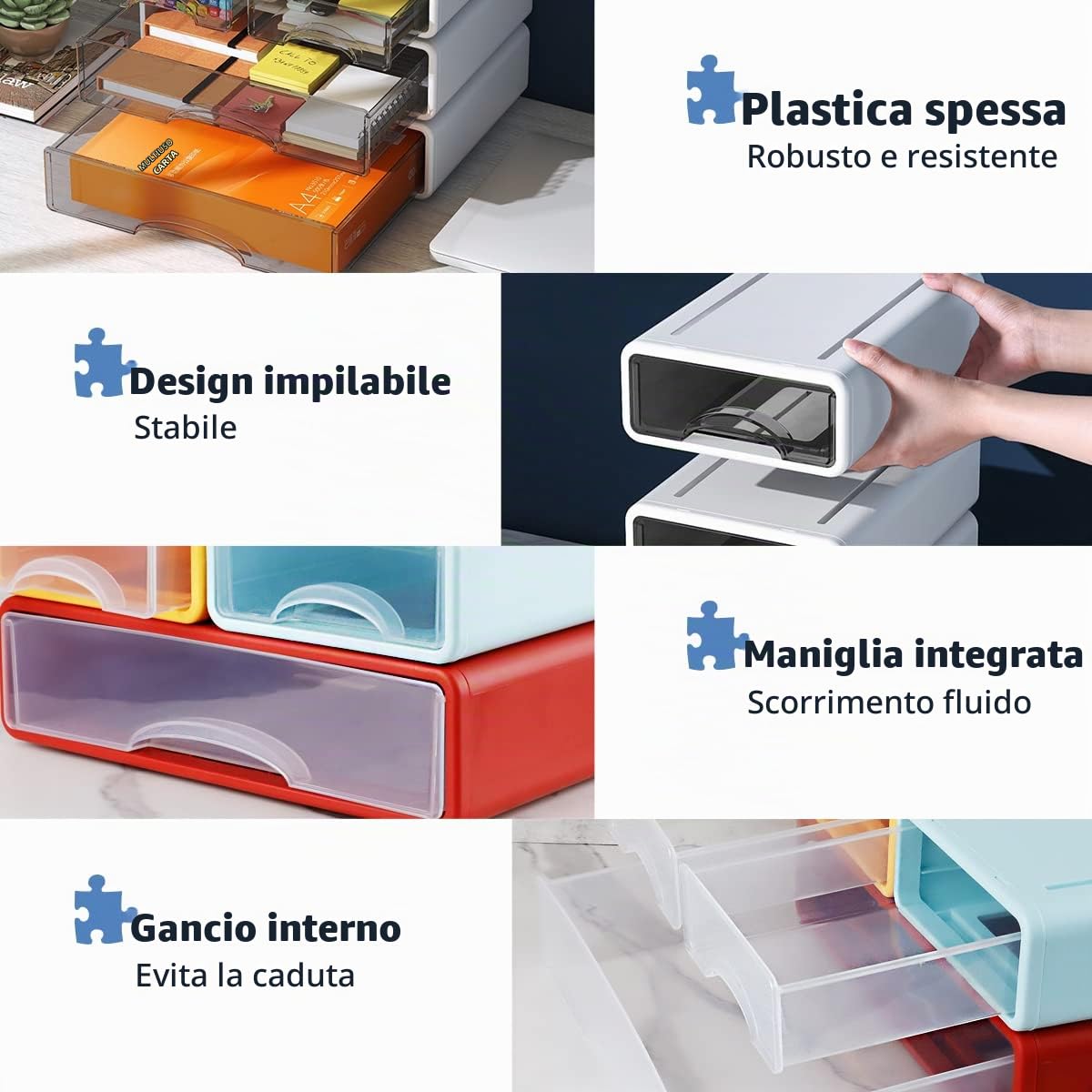3 cassetti organizer da scrivania, impilabili, con 3 cassetti, organizer per cassetti da ufficio, accessori per organizzazione della scrivania, per casa, scuola, carta (bianco)