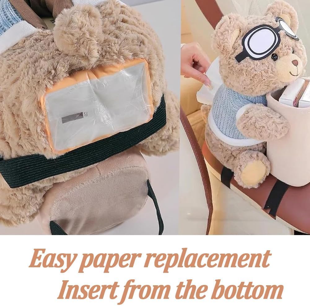 Cute Bear Tissue Holder and Trash Can，Car Tissue Holder and Trash Can 2-in-1 Cute Bear Design Car Accessories Tissue Box Plush Animals Holder, for Vehicle Armrest Box Home Decoration (B)