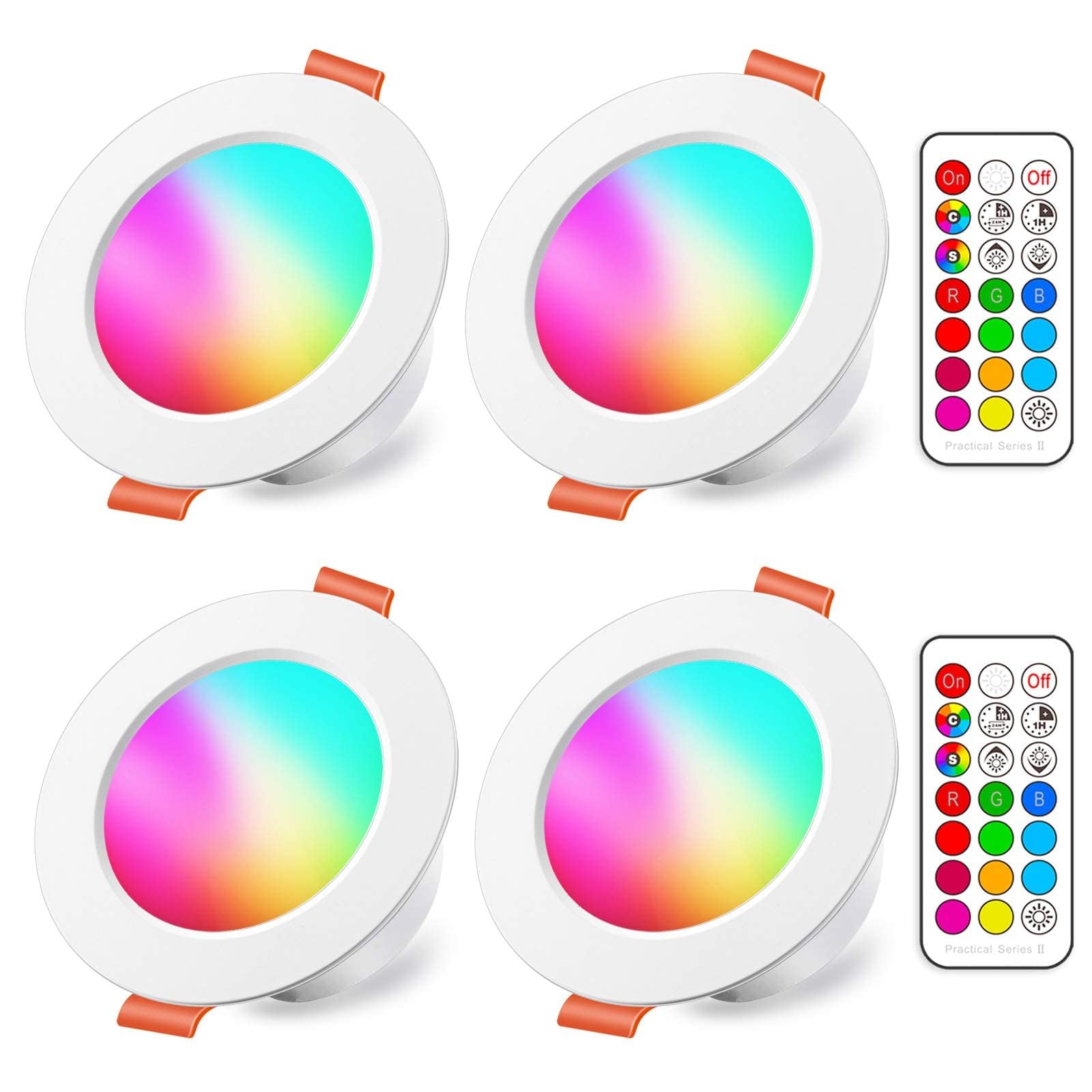 iLC LED Recessed Ceiling Lights, 8W Colour Changing RGB, Φ70-85mm Hole, Spotlights Round Panel Downlights Cold White 5700K, 12 Colours 2 Modes Timing with Remote Control (4 Pack)