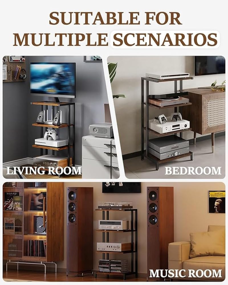 Robusto supporto multimediale con ripiani stereo per organizzare le