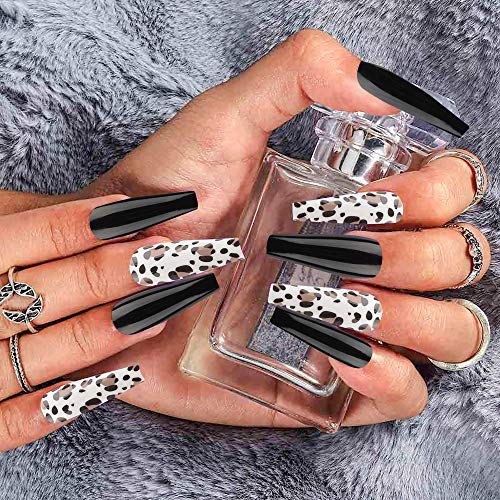 24Pcs Extra Long Press on Nails, False Nails with Designs, Full Cover Fake Nails Ballerina Artificial Nails Tips for Women and Girls (Black Leopard)