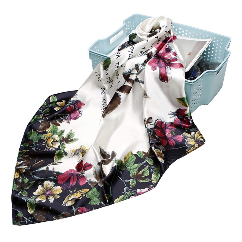 Bufandas Florales para Mujer 2PCS Pañuelo para la Cabeza para Mujer Pañuelo Cuadrado de Seda Satinada Pañuelo para el Cuello Estampado Floral para Mujeres niñas Damas (Blanco 90)