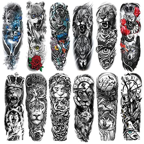 Animal Sleeve Tattoo Stickers, Fake Lion Tiger Rabbit Fish Full Arm Temporary Tattoos Sleeves for Adult Kids Women Makeup, 12-Sheet