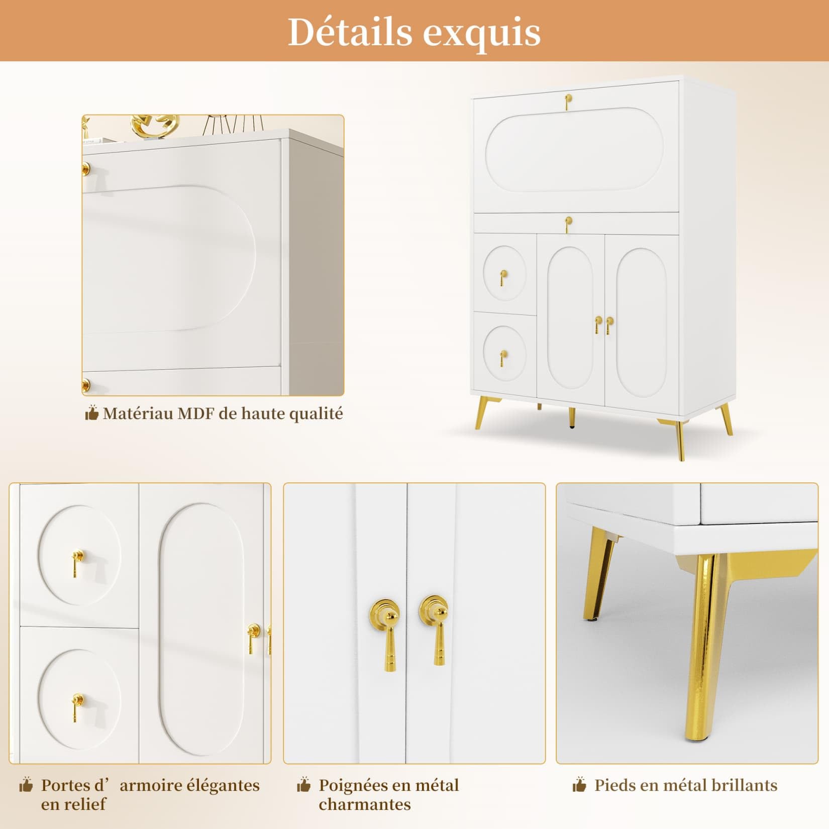 PUGSDRLY Secrétaire Meubles de Bureau,Bureau Pliable avec Rangement,Table de Travail,Meuble de Rangement Blanc (100×50×140cm)