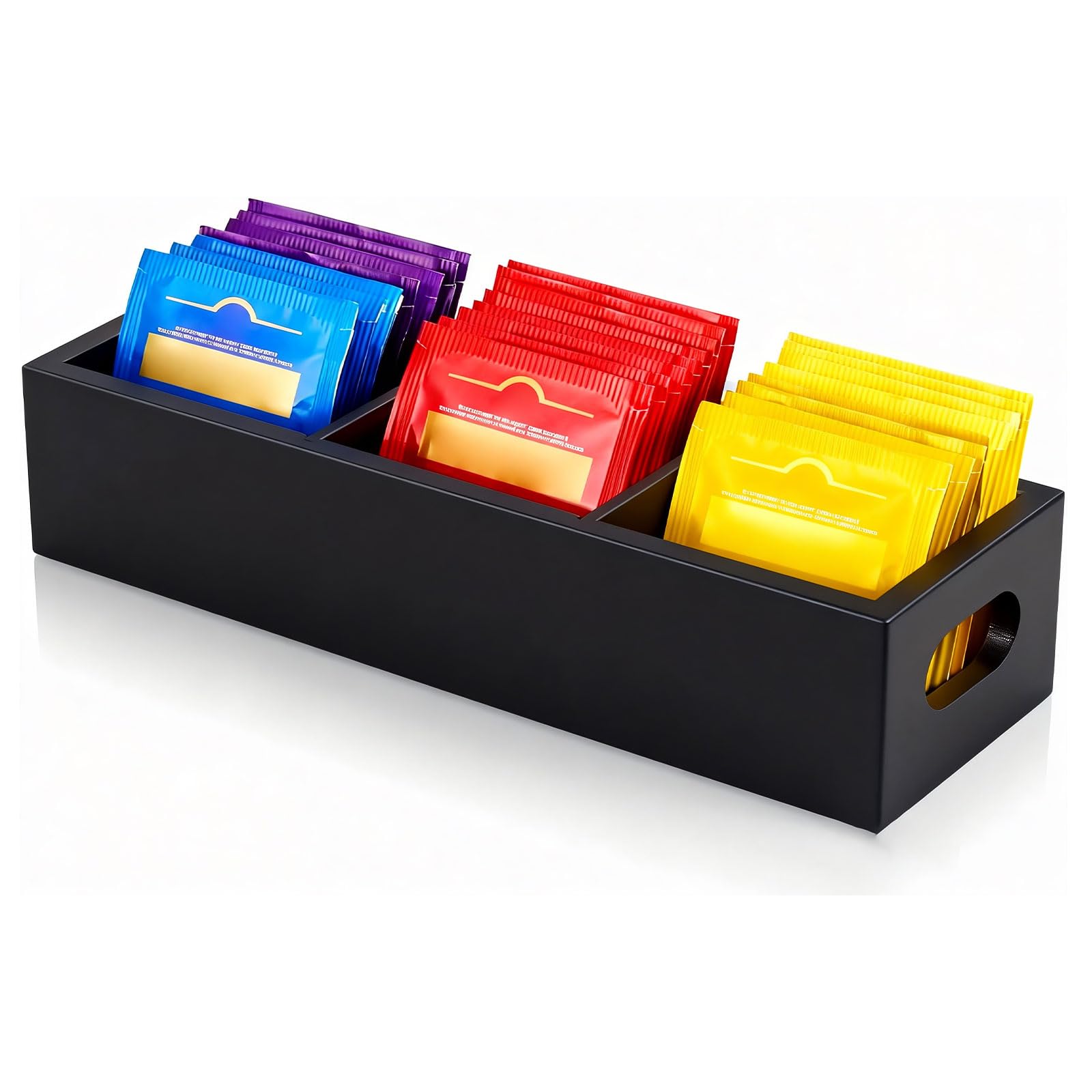 Krismax Wooden Tea Box Holder with 3 Slots, Divided Storage Container for Beverage Supplies, Sugar, Sweeteners, Individual Packets (Black)